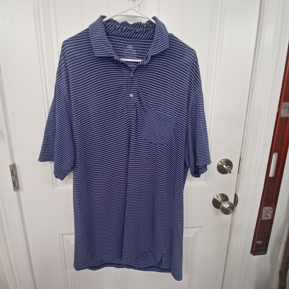 Peter Millar Polo Shirt Striped Performance Golf‎ Casual Blue White Size LG